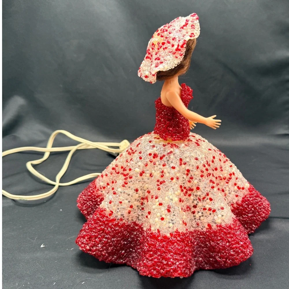 Vintage Popcorn Melted Plastic Doll Lamp Red White Mid Century Kitsch READ